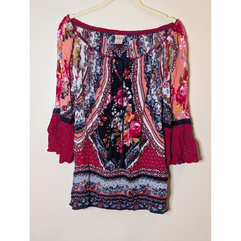 Bila Womens Boho Floral Mixed Print Tassel Peasant Blouse Red Navy Large